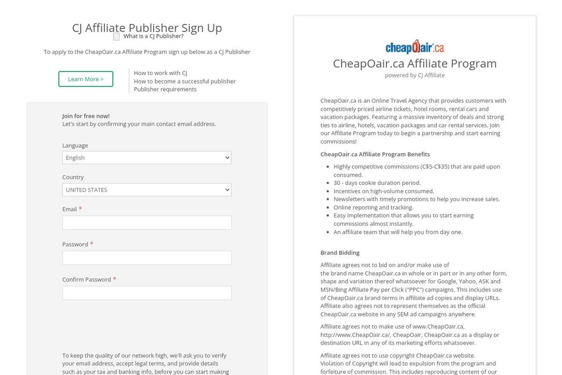 CheapOair.ca affiliate program signup page