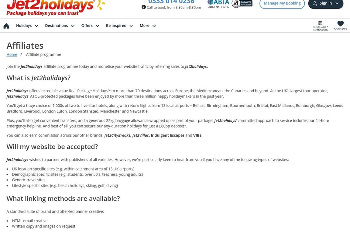 Jet2 Holidays affiliate program signup page