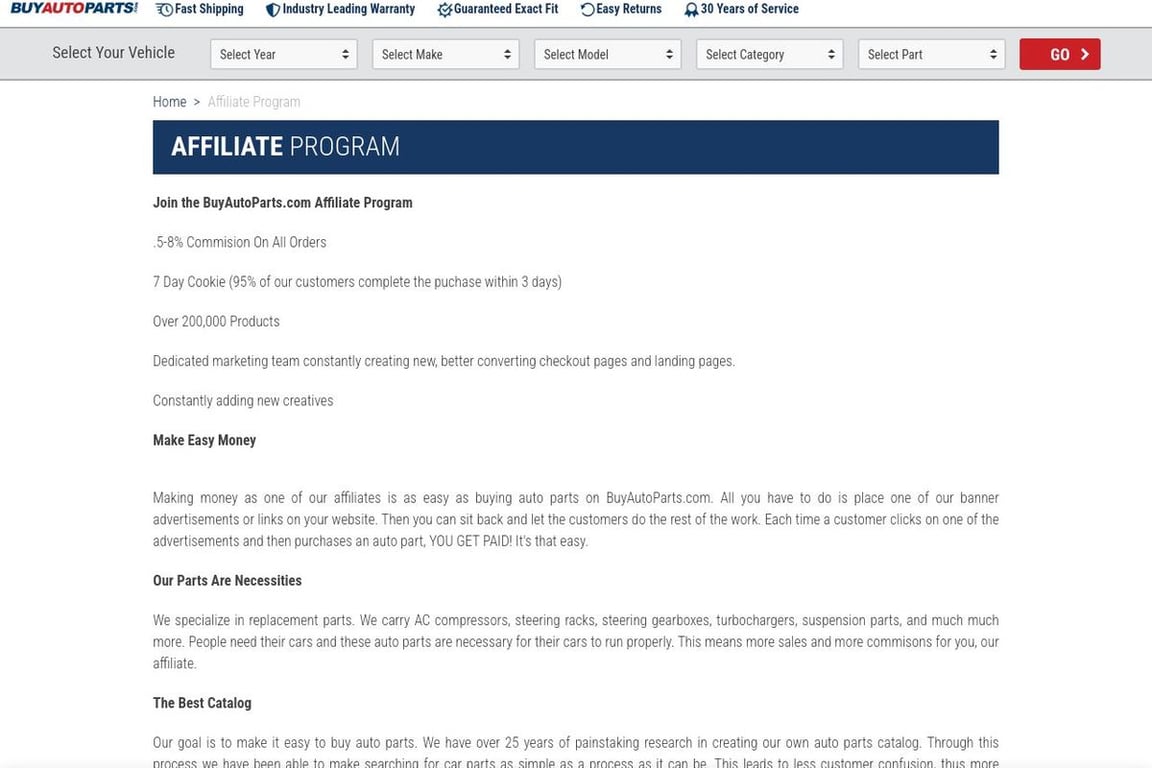 Buy Auto Parts affiliate program signup page