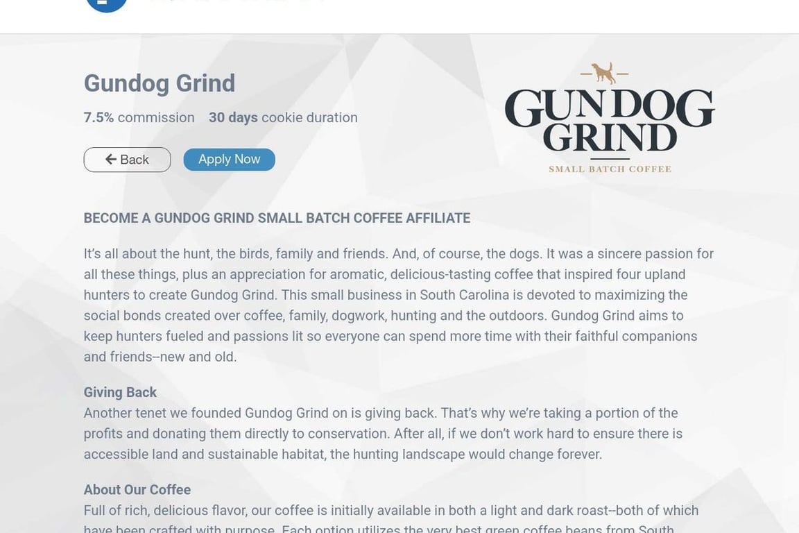 Gundog Grind affiliate program signup page