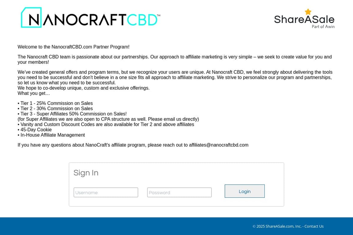 Nanocraft CBD affiliate program signup page