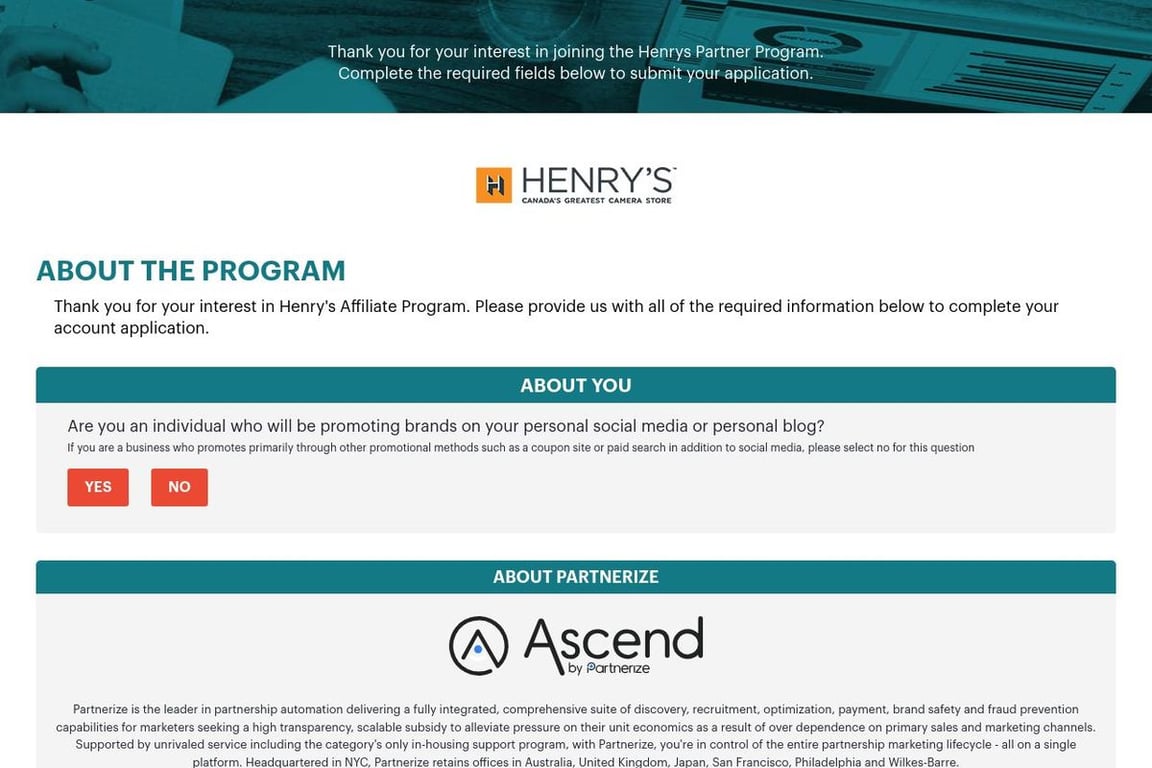 Henry’s affiliate program signup page