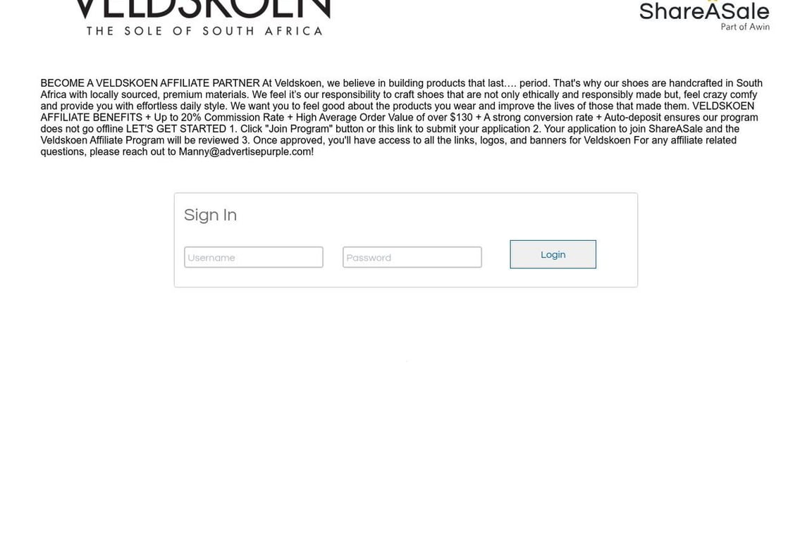 Veldskoen Shoes affiliate program signup page