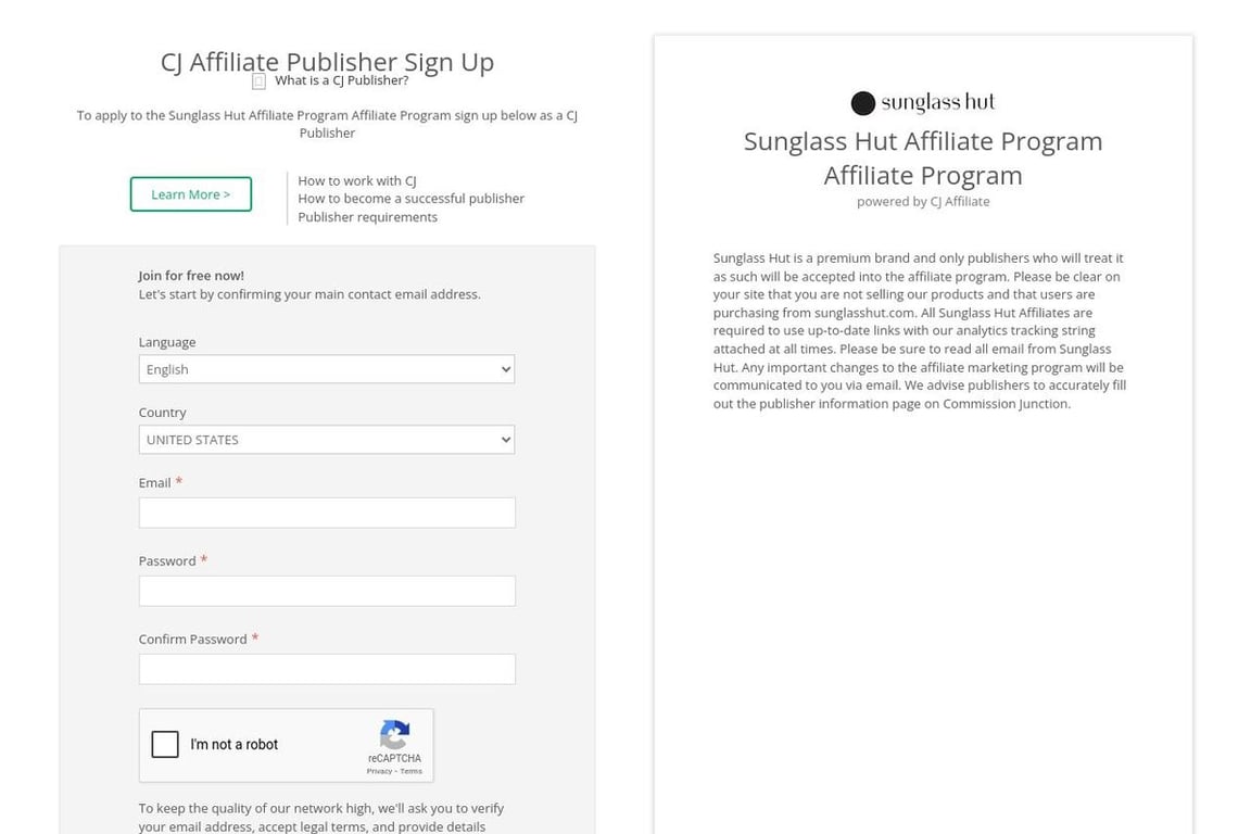 Sunglass Hut affiliate program signup page