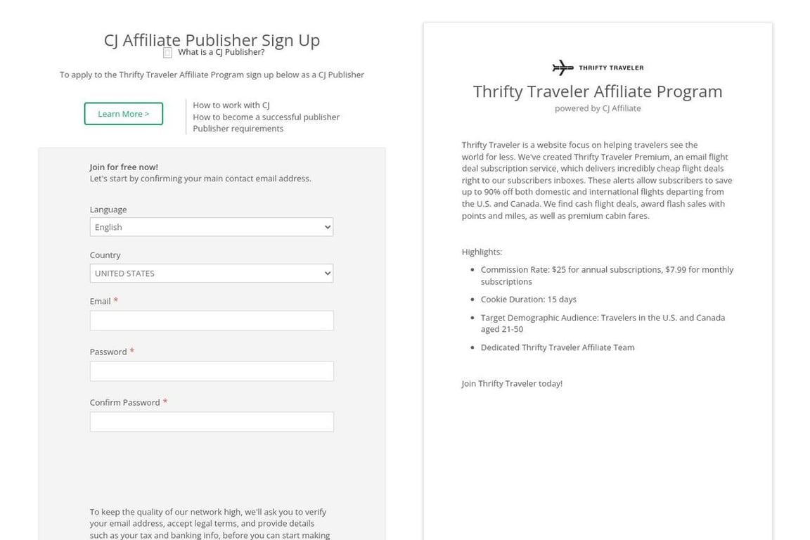 Thrifty Traveler affiliate program signup page