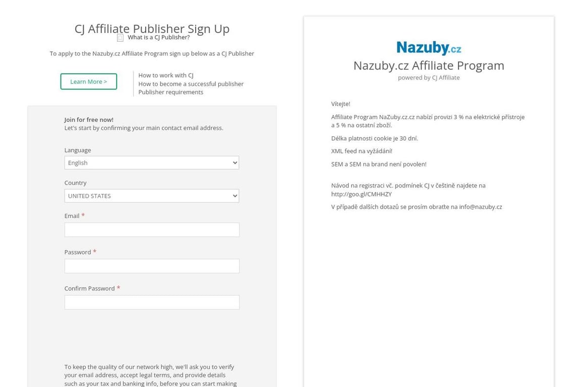Nazuby affiliate program signup page