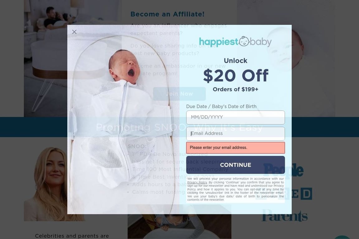 Happiest Baby affiliate program signup page