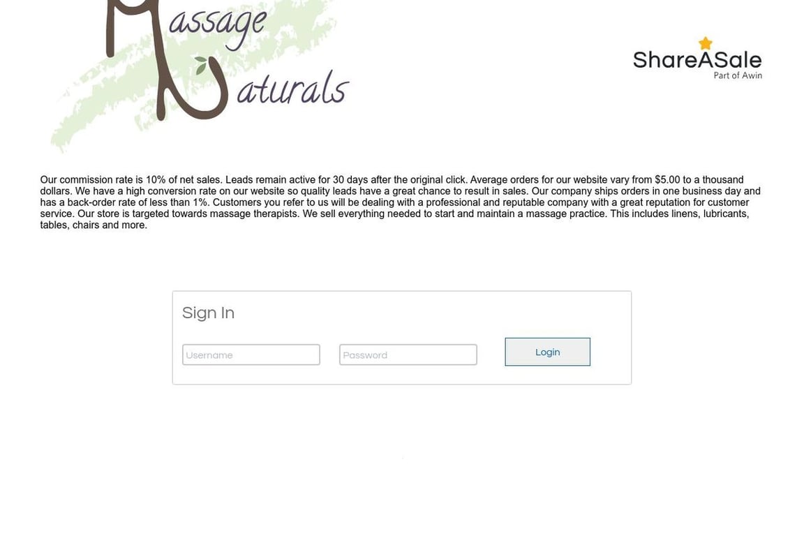 Massage Naturals affiliate program signup page