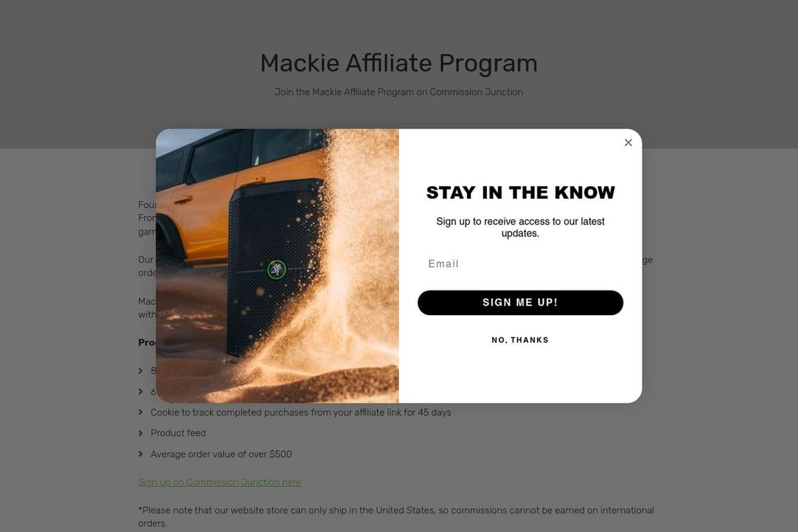Mackie affiliate program signup page