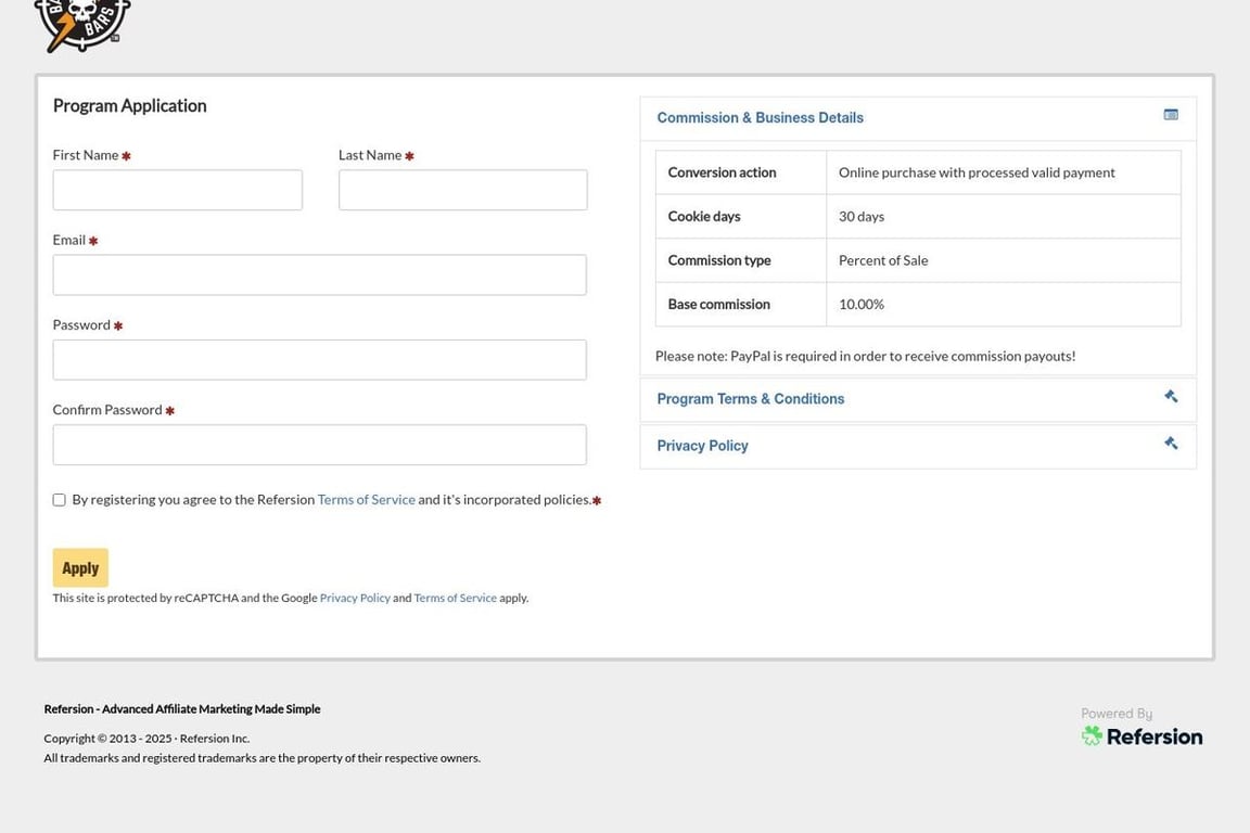 Battle Bars LLC affiliate program signup page