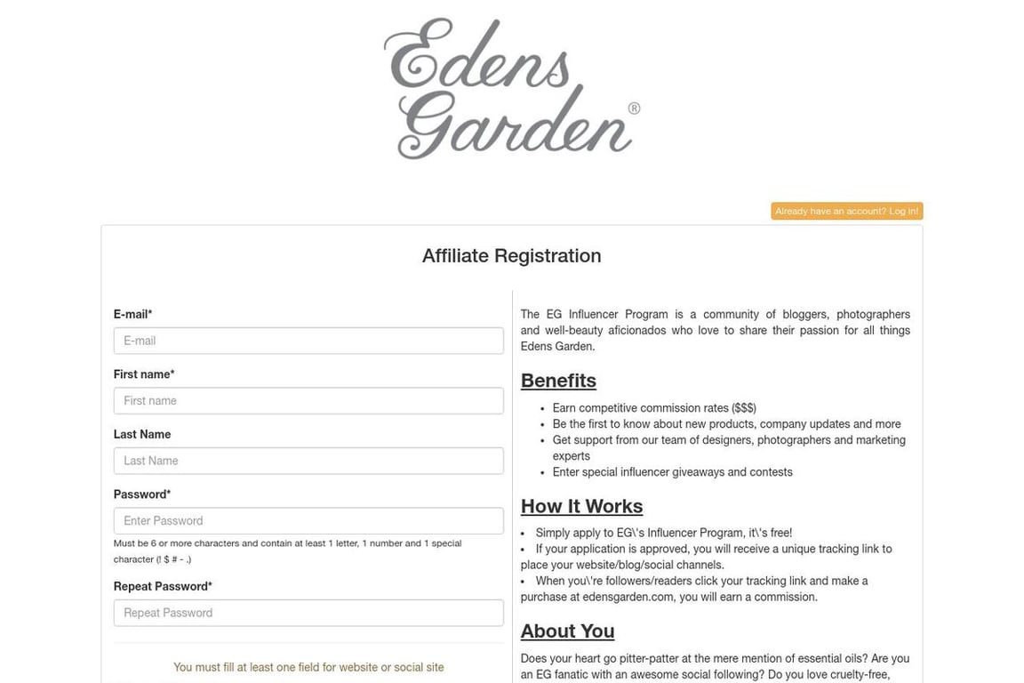 Edens Garden affiliate program signup page