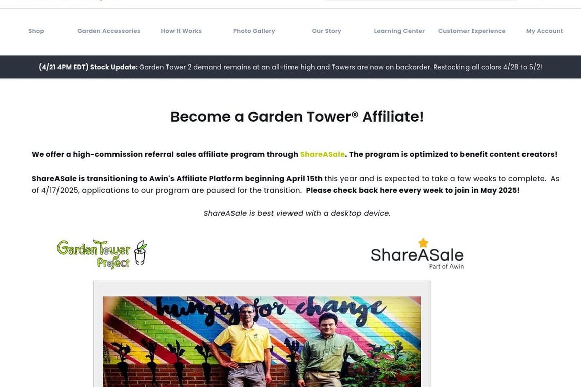 Garden Tower Project affiliate program signup page