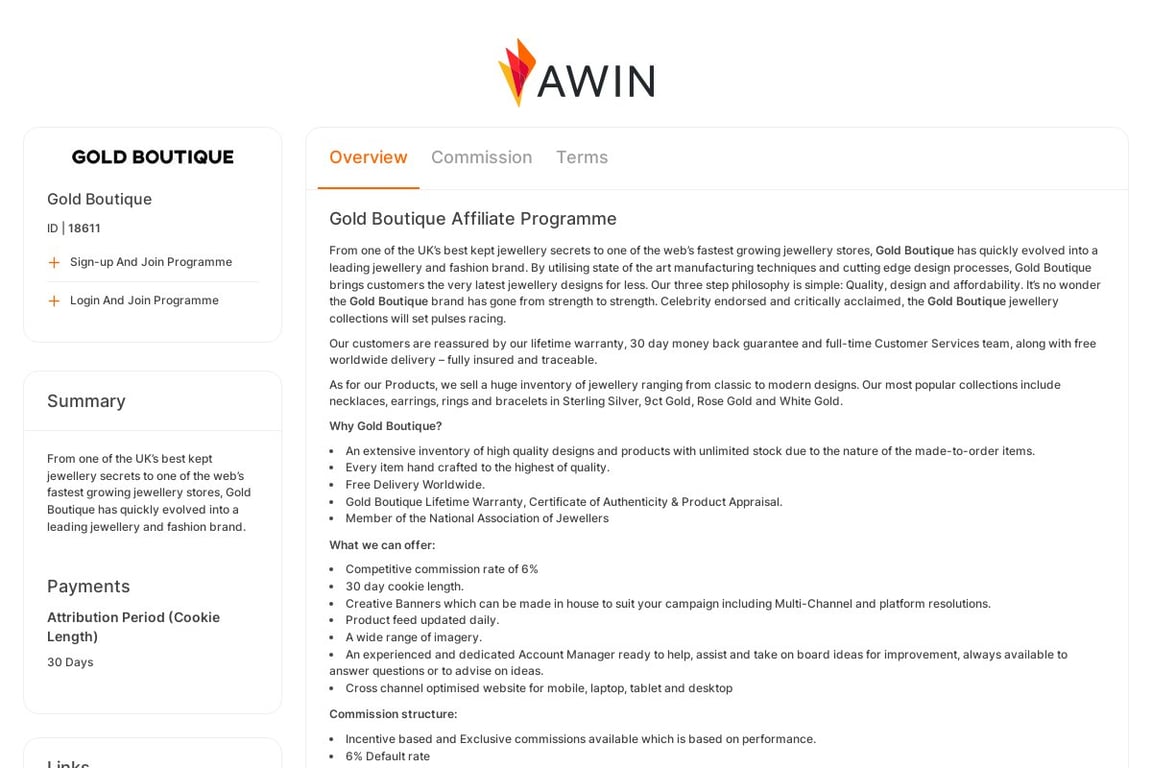 Gold Boutique affiliate program signup page