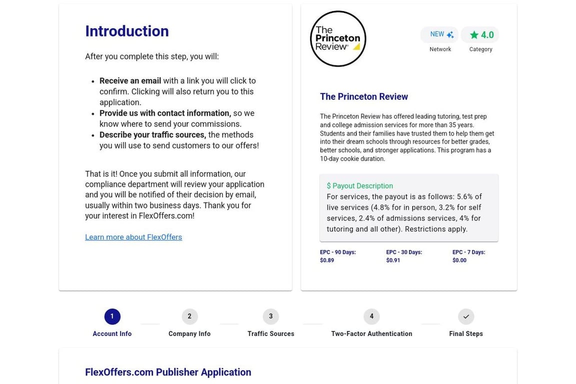 The Princeton Review affiliate program signup page