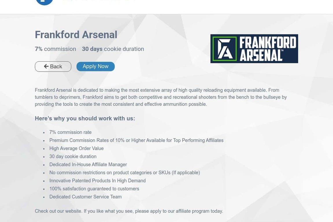 Frankford Arsenal affiliate program signup page
