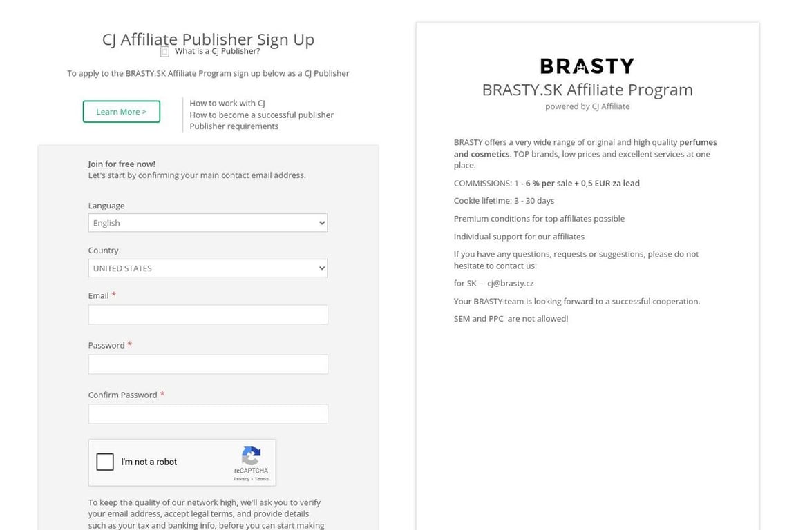 Brasty affiliate program signup page