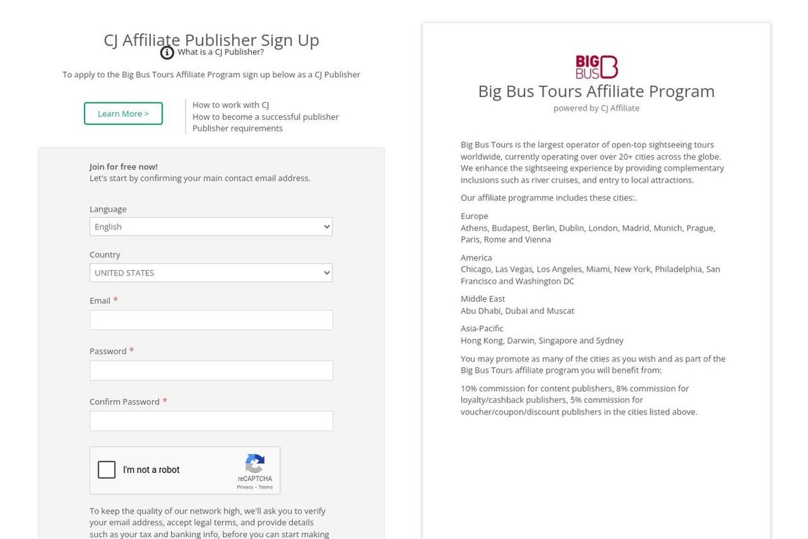 Big Bus Tours affiliate program signup page