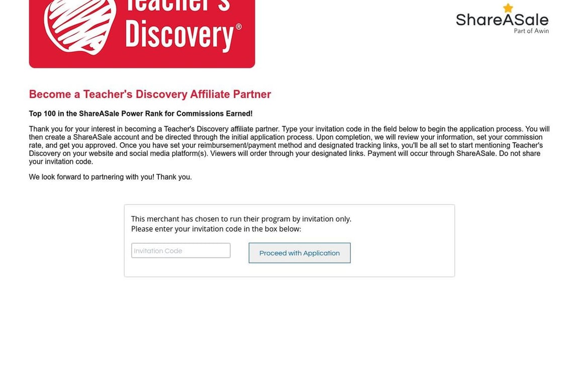 Teacher’s Discovery affiliate program signup page