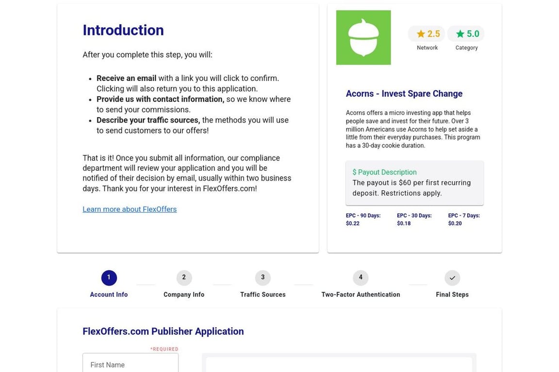 Acorns – Invest Spare Change affiliate program signup page