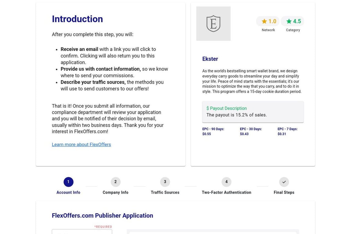 Ekster affiliate program signup page