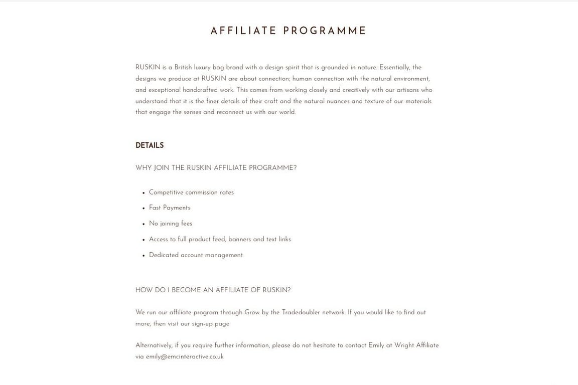 RUSKIN London affiliate program signup page