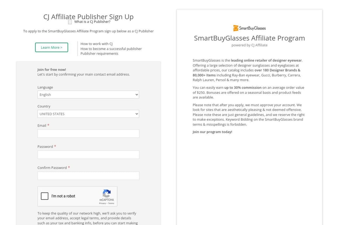 SmartBuyGlasses affiliate program signup page