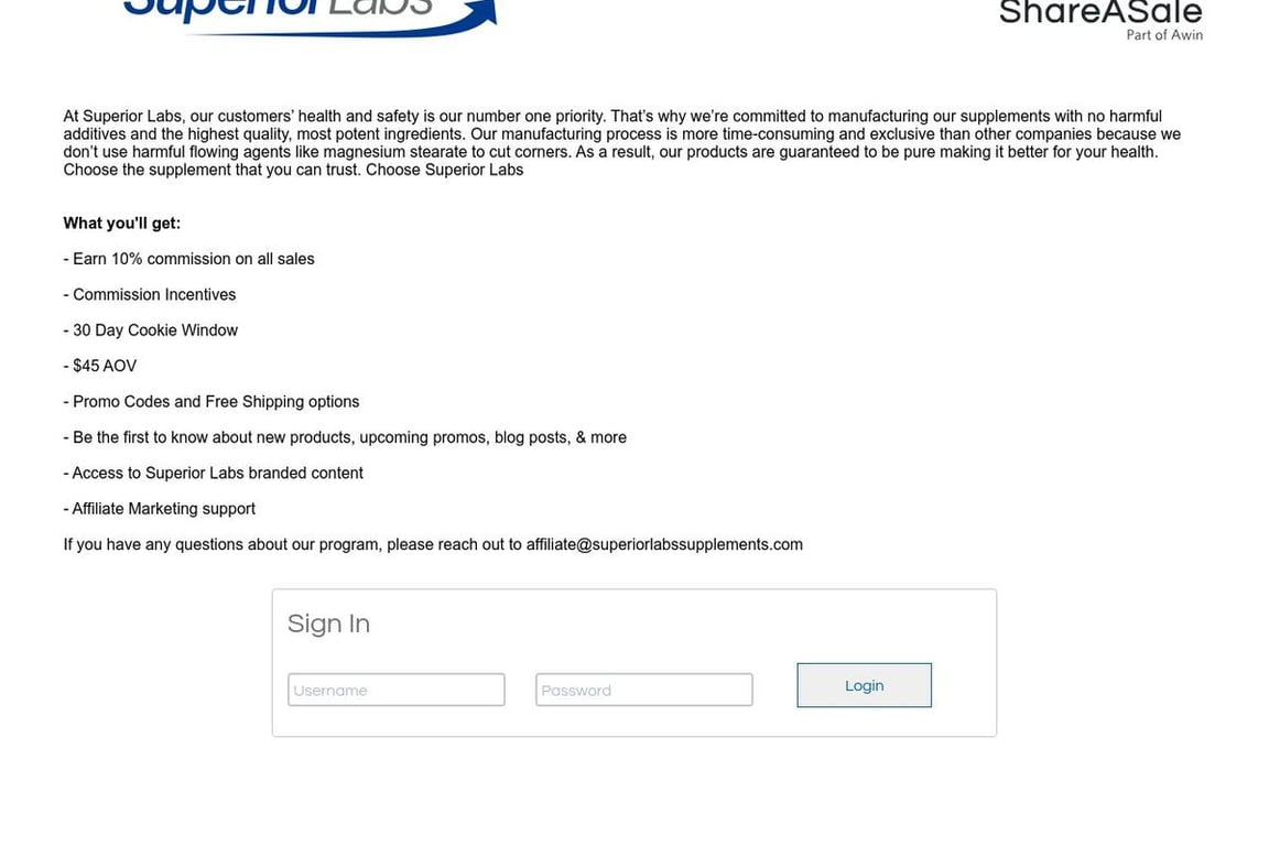 Superior Labs affiliate program signup page