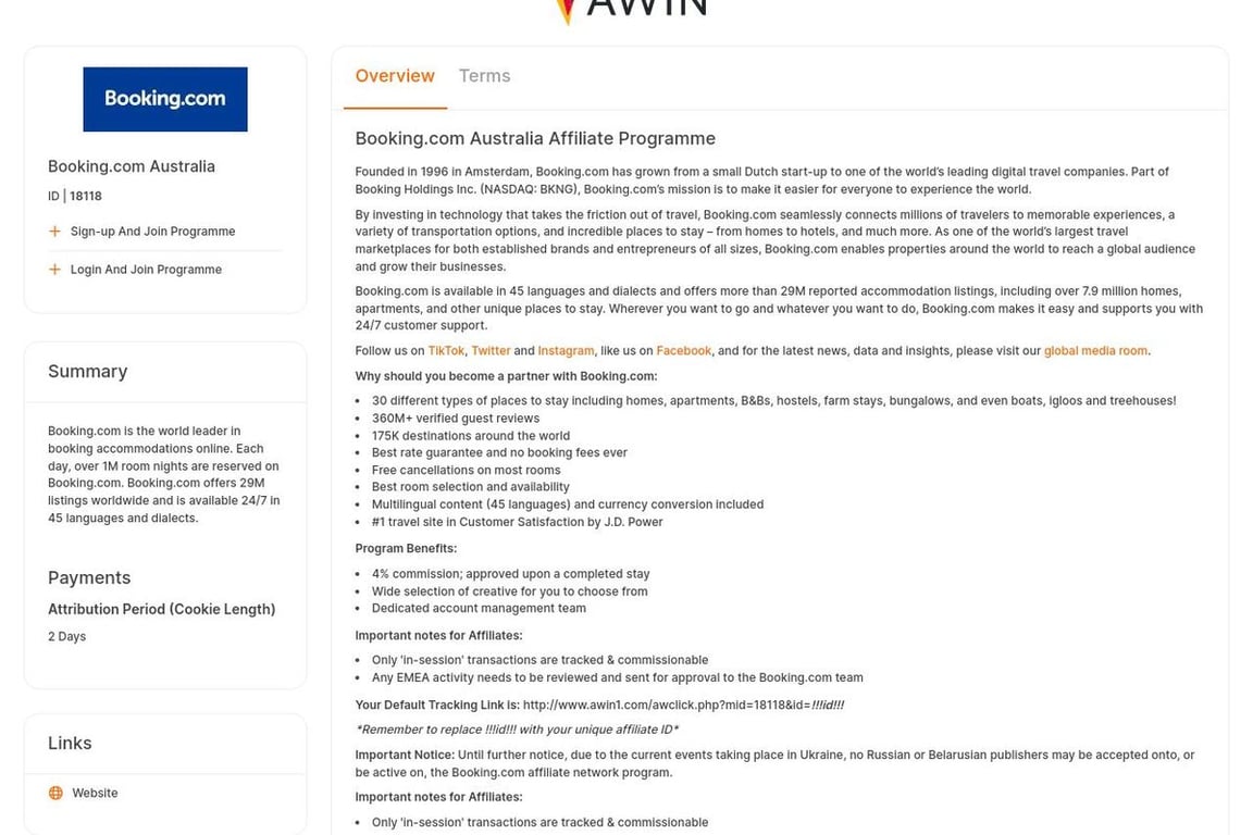 Booking.com AU affiliate program signup page