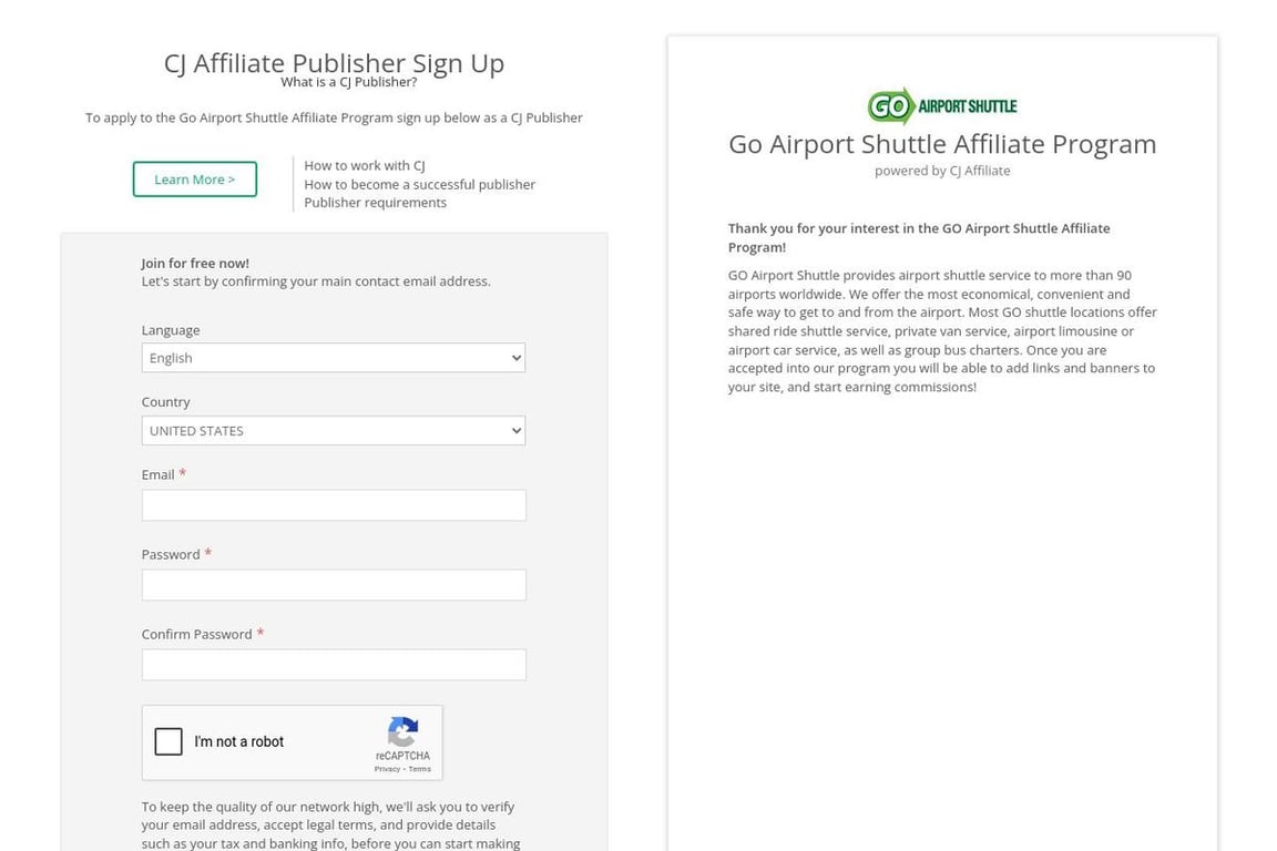 Go Airport Shuttle affiliate program signup page