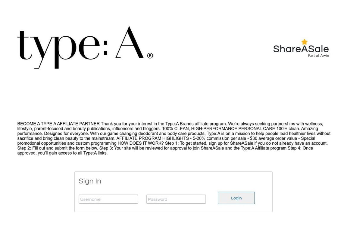 Type:A Brands affiliate program signup page