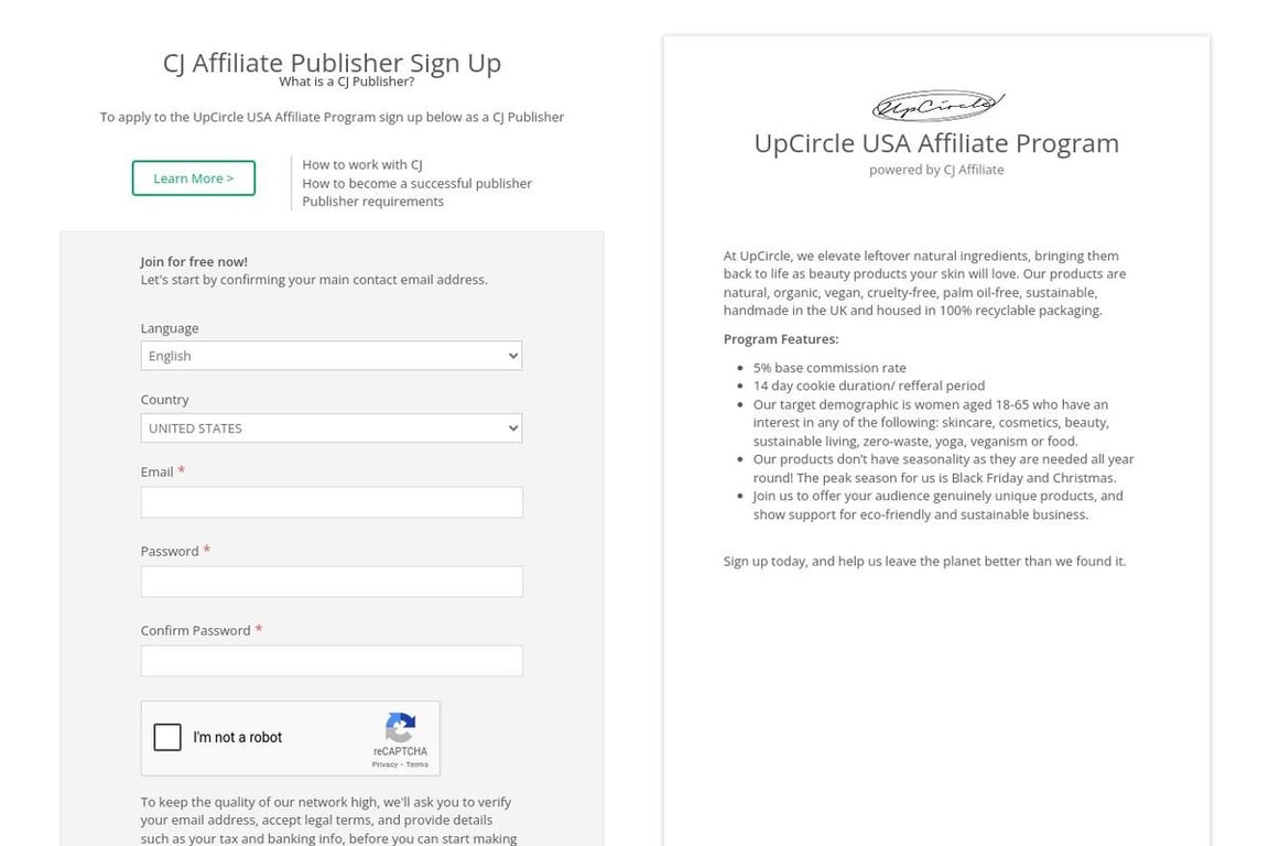 UpCircle Beauty affiliate program signup page