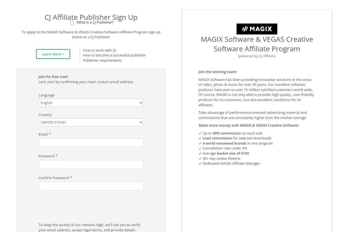 MAGIX Software & VEGAS Creative Software affiliate program signup page