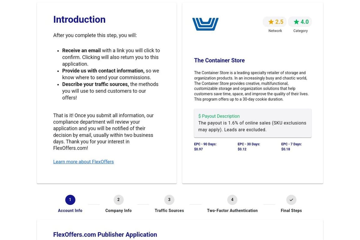 The Container Store affiliate program signup page
