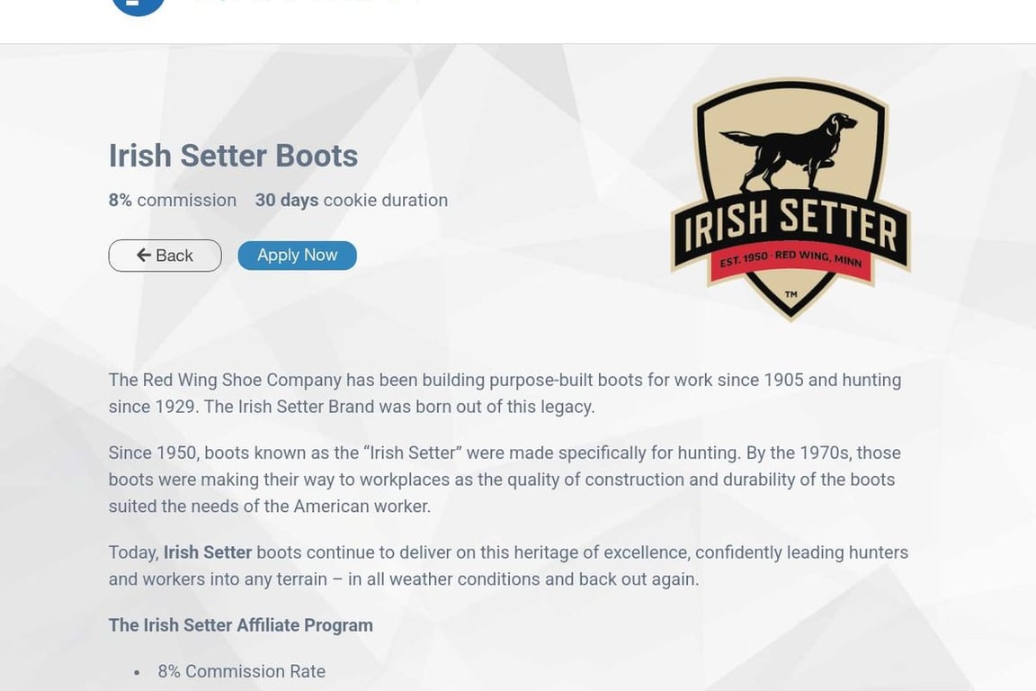 Irish Setter affiliate program signup page