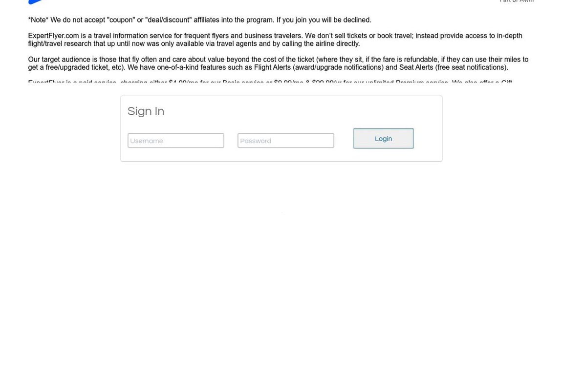 ExpertFlyer affiliate program signup page