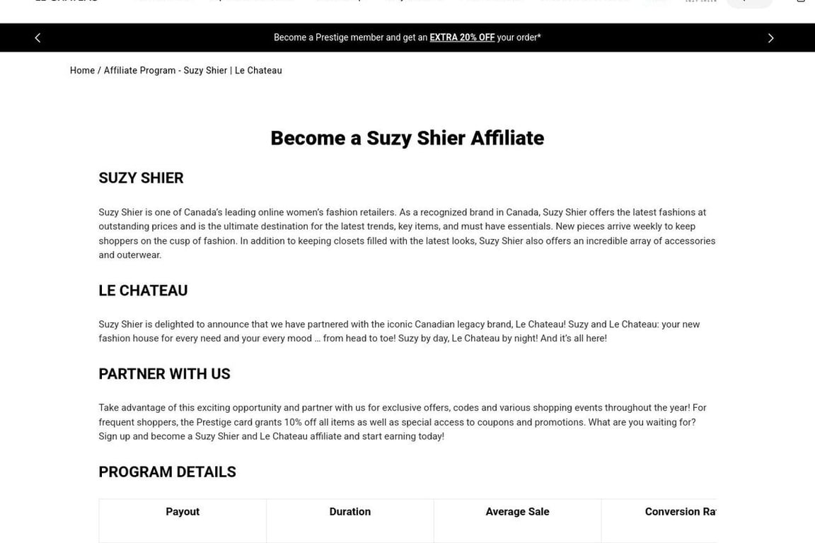 Suzy Shier affiliate program signup page