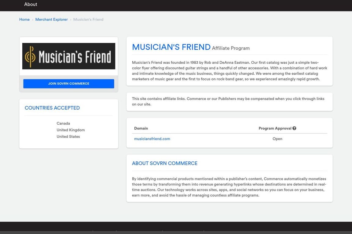 Musician’s Friend affiliate program signup page