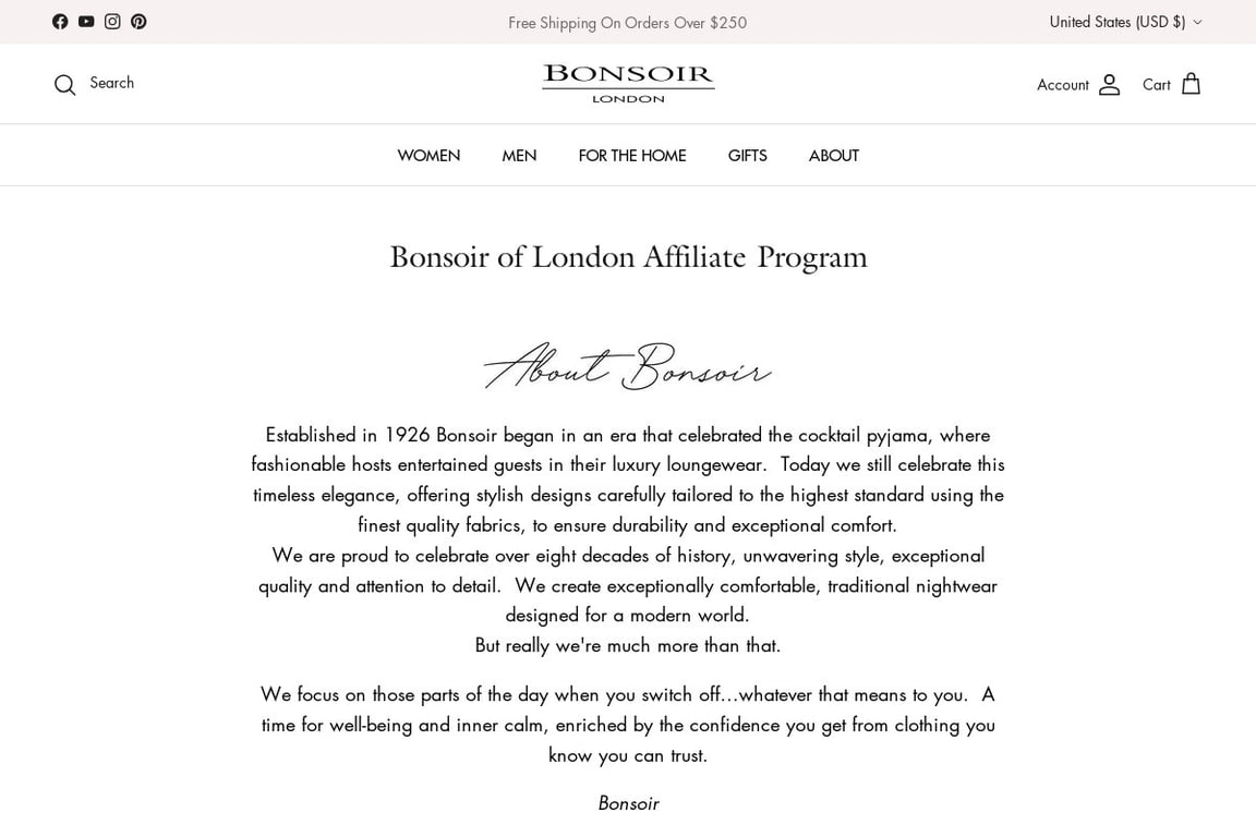 Bonsoir of London affiliate program signup page