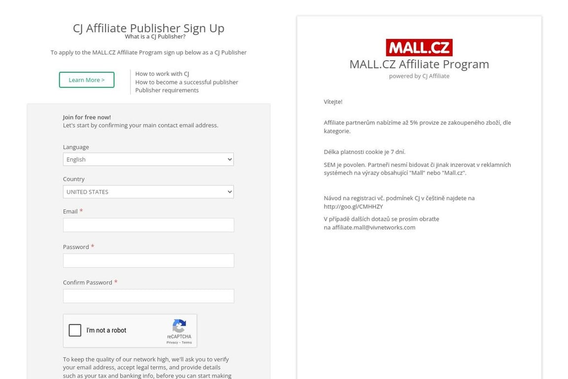 MALL.CZ affiliate program signup page