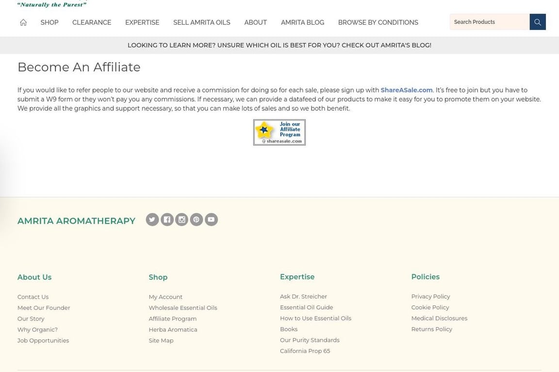 Amrita Aromatherapy affiliate program signup page