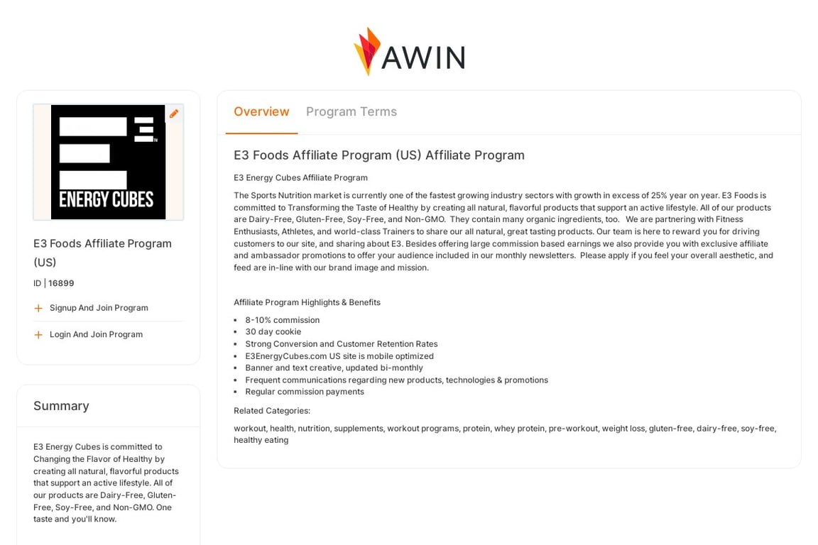 E3 Foods Affiliate Program affiliate program signup page