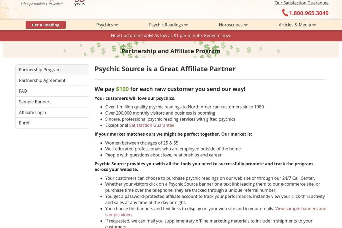 Psychic Source affiliate program signup page