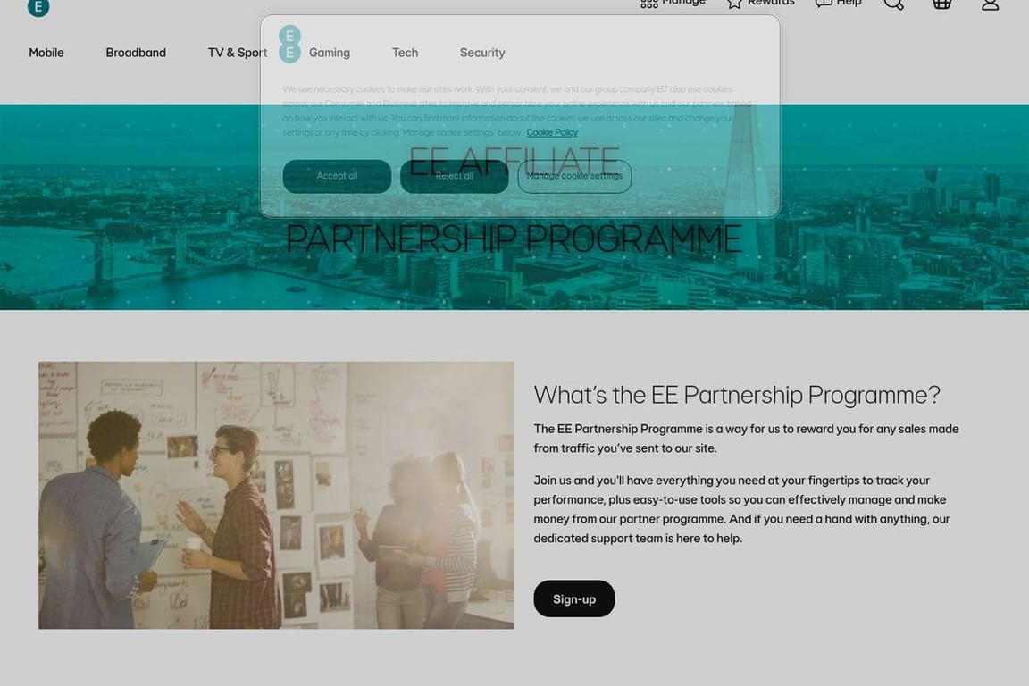 EE Mobile affiliate program signup page