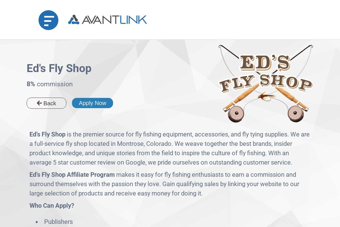 Ed’s Fly Shop affiliate program signup page