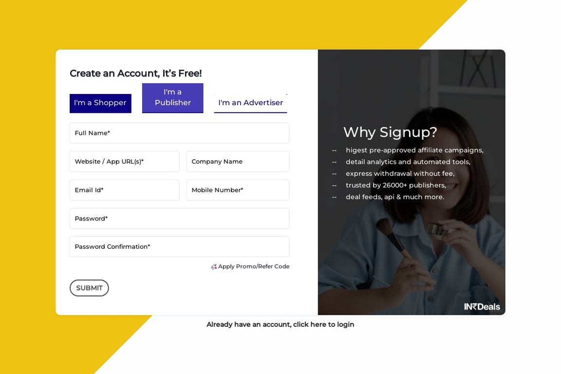 Axis Bank affiliate program signup page