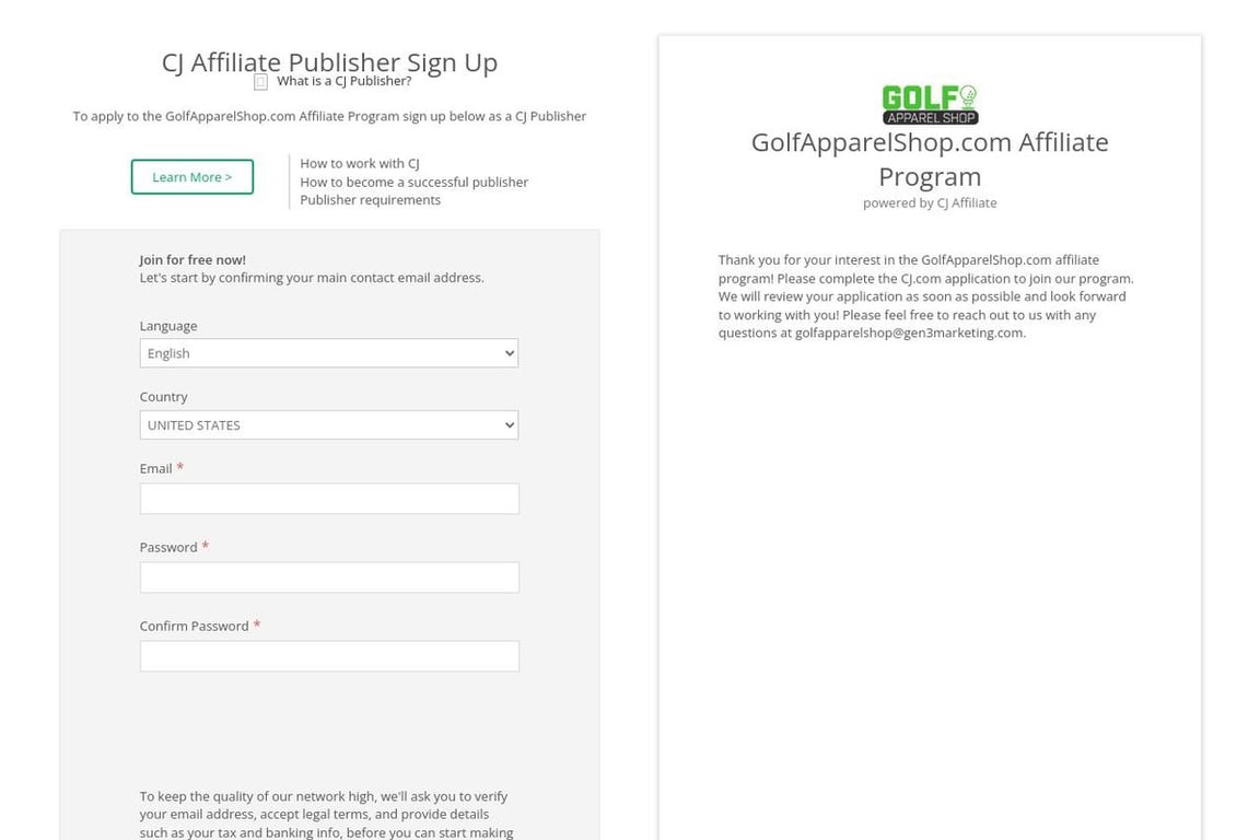 GolfApparelShop.com Preferred affiliate program signup page