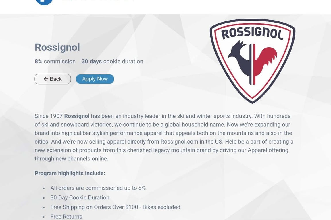 Rossignol affiliate program signup page
