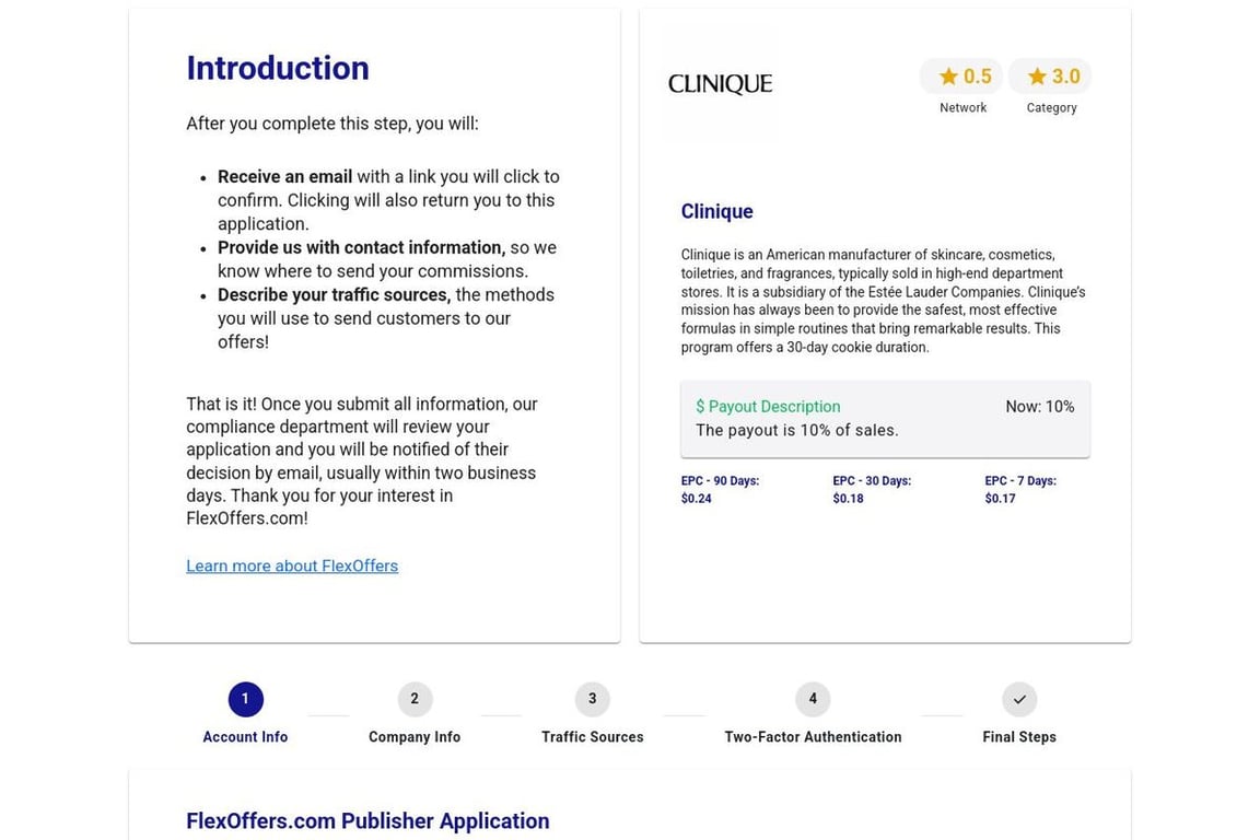 Clinique affiliate program signup page
