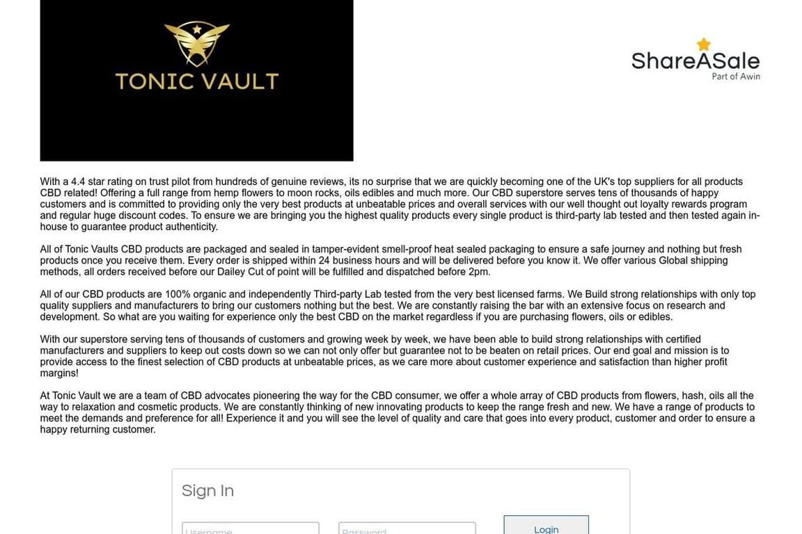 Tonic Vault affiliate program signup page
