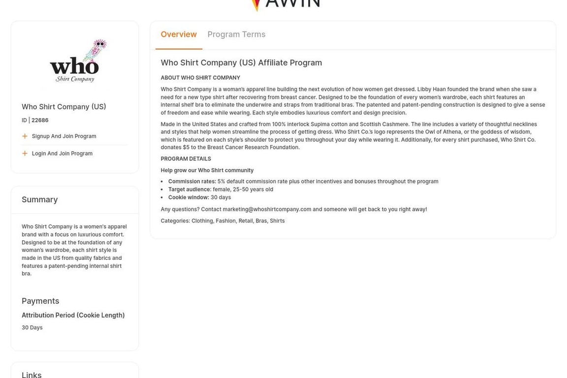 Who Shirt Company (US) affiliate program signup page